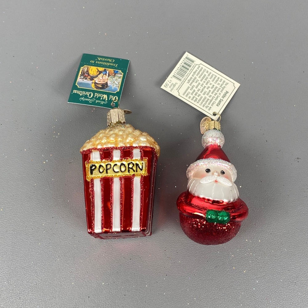 Old World Christmas Glass Ornaments Set Petite Santa & Popcorn Box NWT